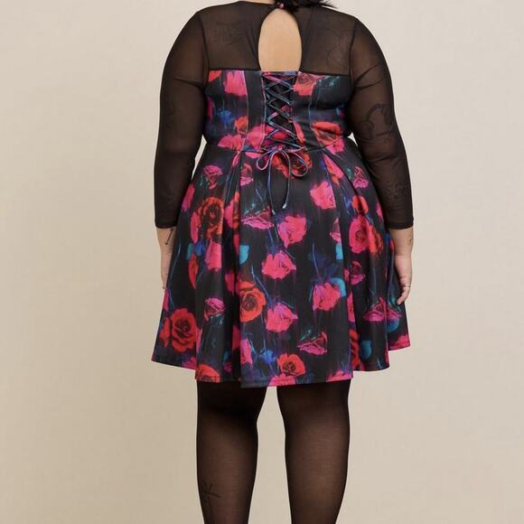 Torrid Scuba Flare Dress - Corset Back Sheer Illusion Neck Long Sleeve Floral 2X - Picture 3 of 12